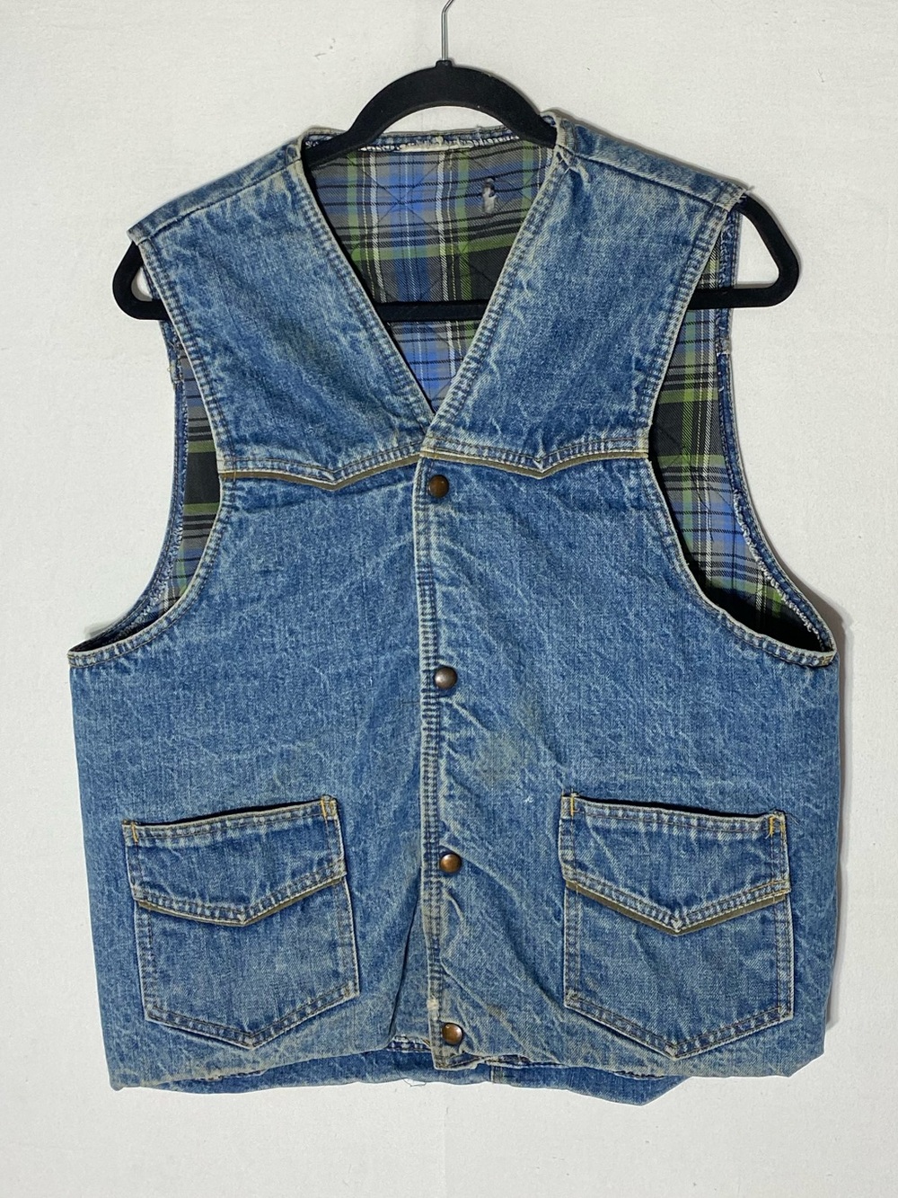 Vintage Distressed Denim Vest With Quilted Lining XS Western Utility Work Wear
